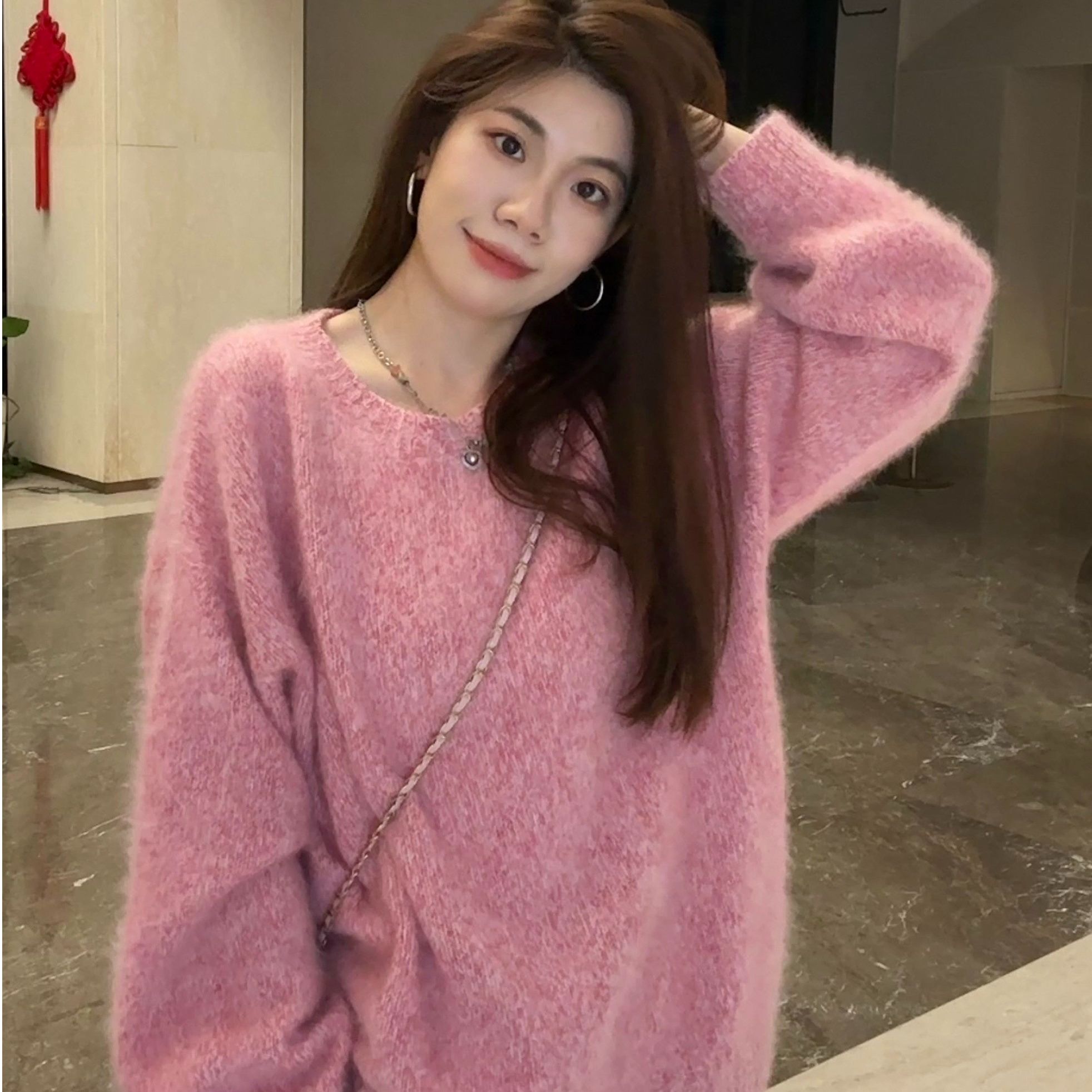 【繁繁】圆领羊毛拉绒花纱韩版宽松网红百搭秋冬新款毛衣YF1028