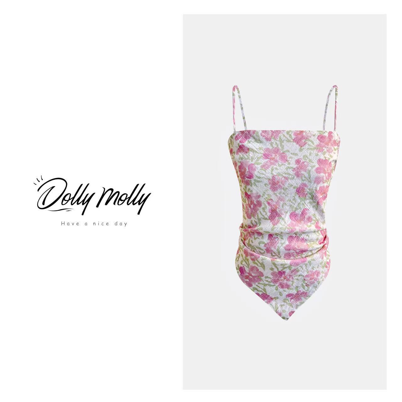 DOLLY&MOLLY粉色法式碎花肚兜吊带背心夏秋甜辣时尚小众设计感315