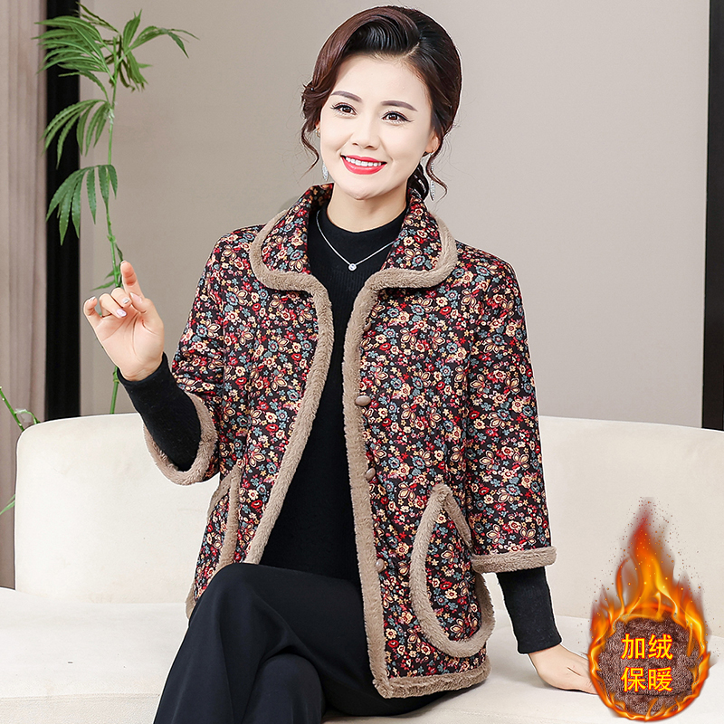 2025冬季加绒棉服翻领七分袖碎花妈妈装棉衣中袖保暖中老年女装