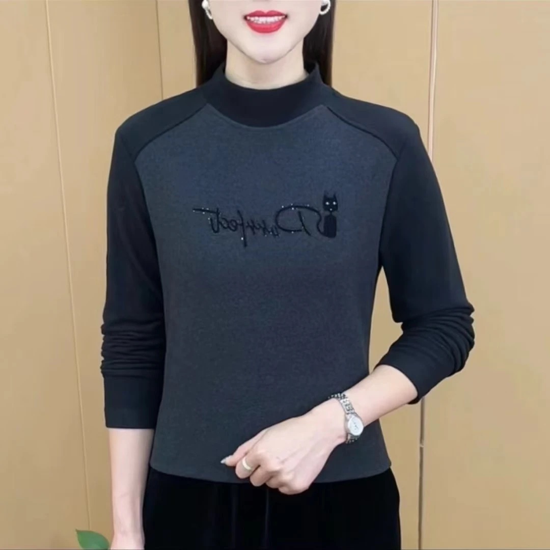 秋冬打底衫双面德绒圆领T恤女士百搭休闲减龄拼接时尚小衫