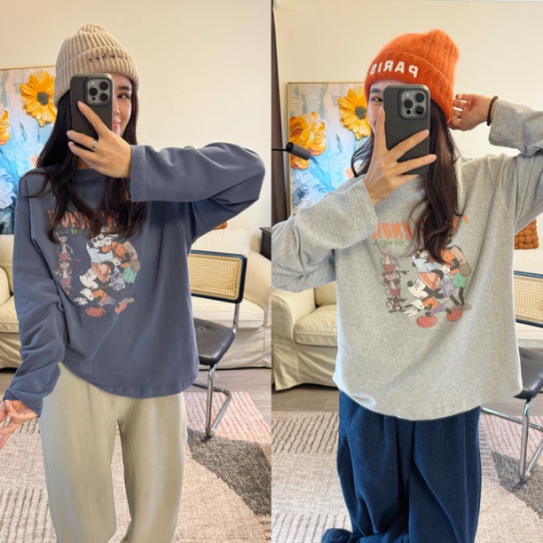 推荐bi冲款哦！韩国东大门卡通复古印花舒服百搭休闲长袖t恤打底