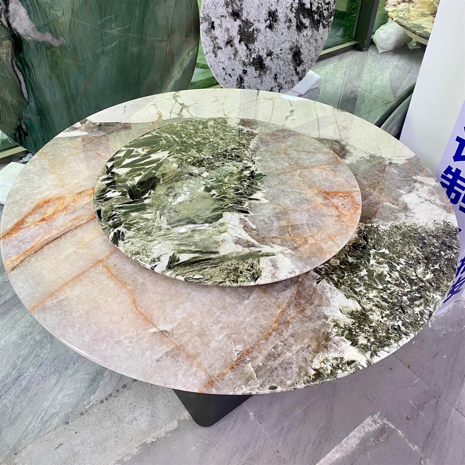 忆couz进口绿钻潘多拉奢石圆形餐桌意式轻奢孔雀开屏天然大理石饭