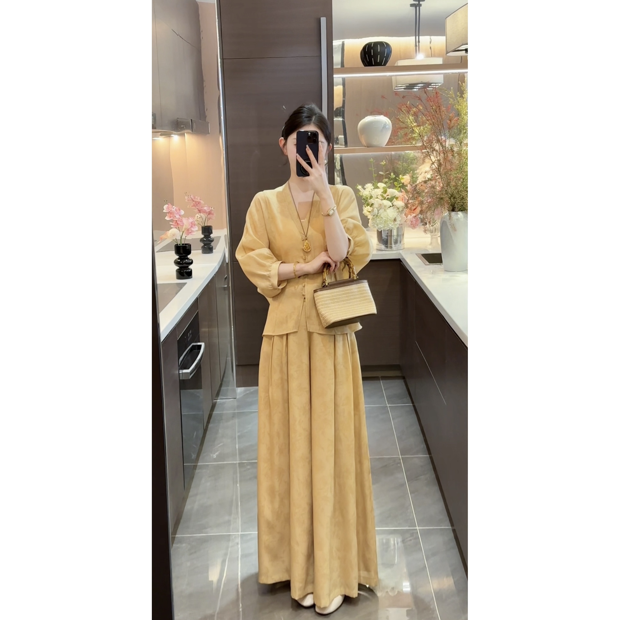 【周粥】【不染】新款夏季气质显瘦上衣阔腿裤JJC5SY1827 JJC5XXK1827