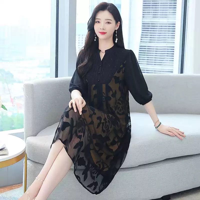 25801胖妈妈夏装短袖连衣裙加肥大码中老年女洋气裙子中长款