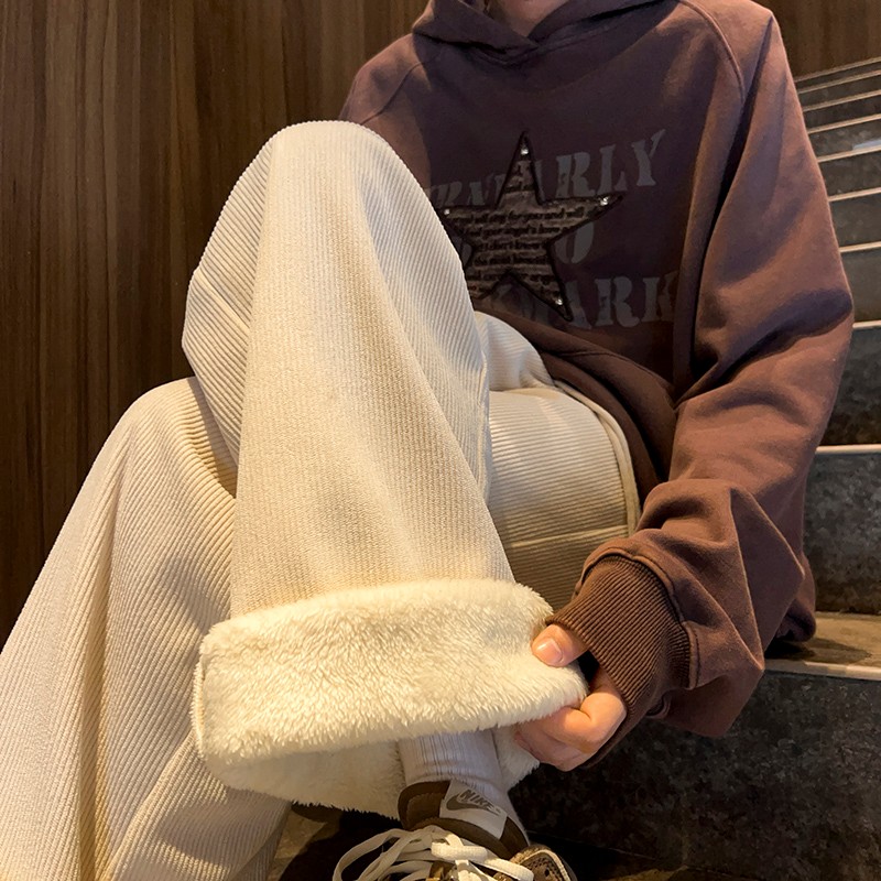 灯芯绒超厚羊羔绒裤子男冬季青少年加绒加厚保暖宽松直筒休闲长裤