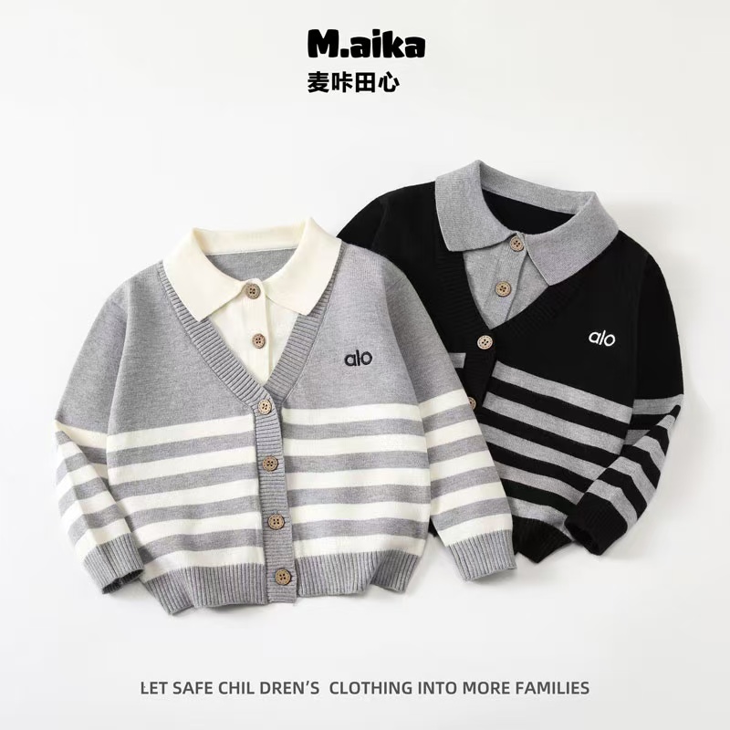 526男童假两件上衣新款秋冬儿童条纹开衫毛衣翻领开衫针织上衣