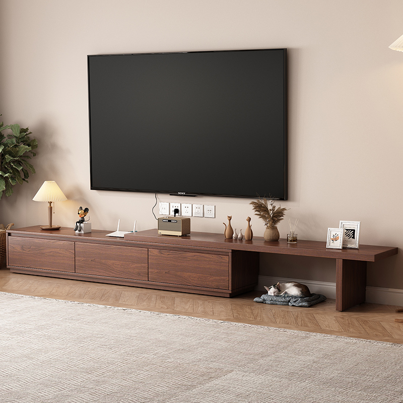 实木电视柜中古风客厅家用2025新款伸缩电视机柜小户型储物柜一体