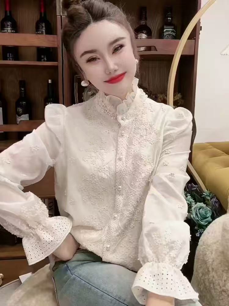 YGZ6752#重工钉珠刺绣立领衬衫宽松高级感宫廷上衣绝美洋气小衫