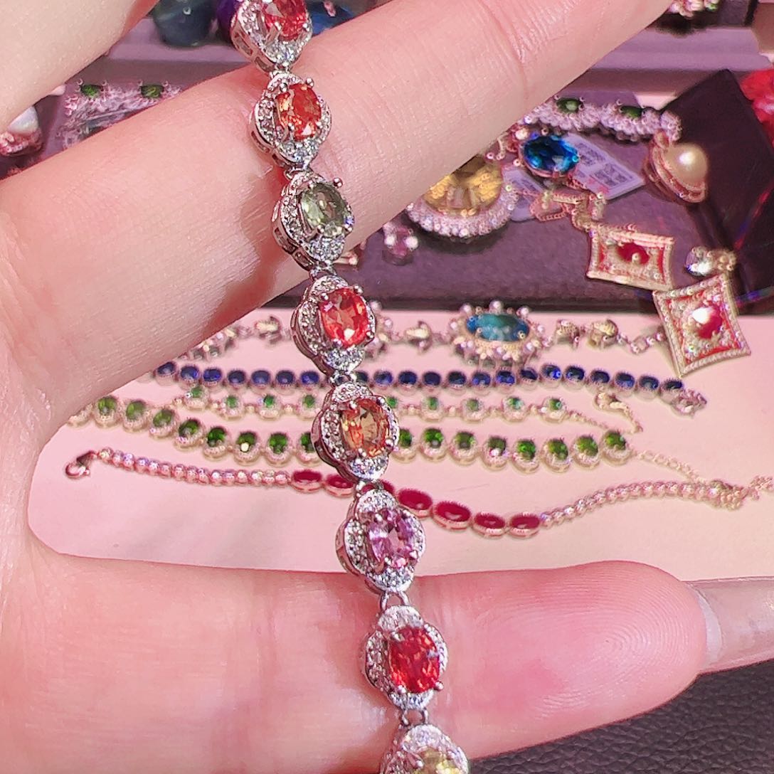 彩色蓝宝石手链银S925镶嵌