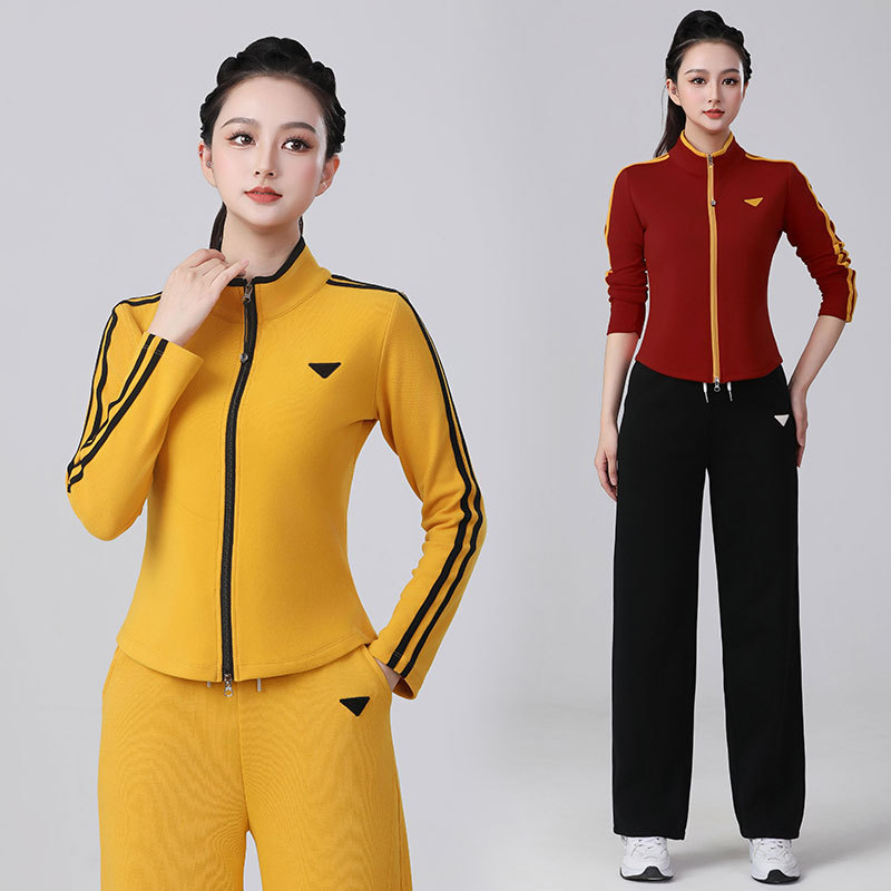 春季修身显瘦撞色拉链外套运动健身广场舞服直筒裤开杉套装女