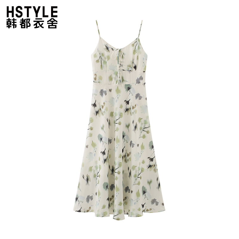 韩都衣舍法式度假风气质晕染印花纽扣系带吊带裙女时尚A字连衣裙