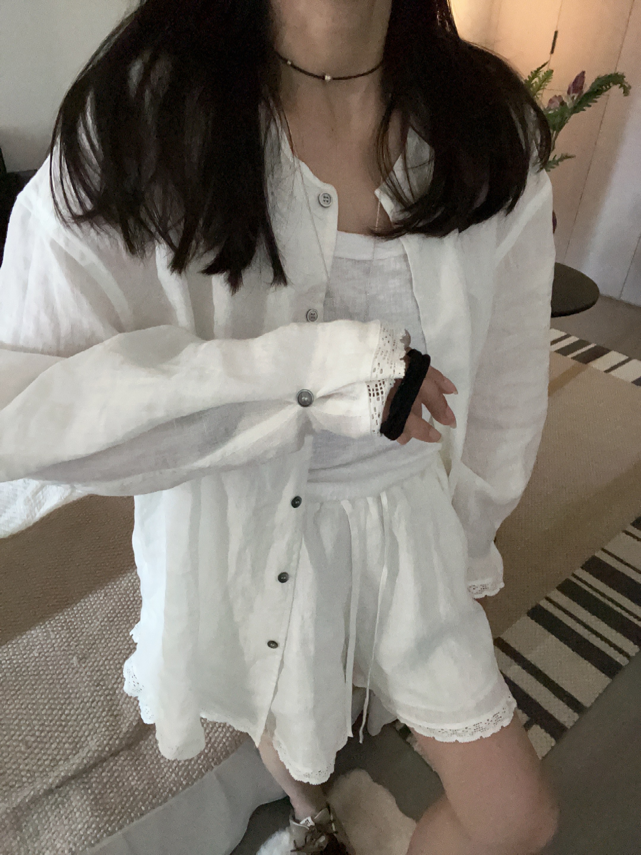 【Miss 程】东大门新品拼蕾丝衬衫短裤套装