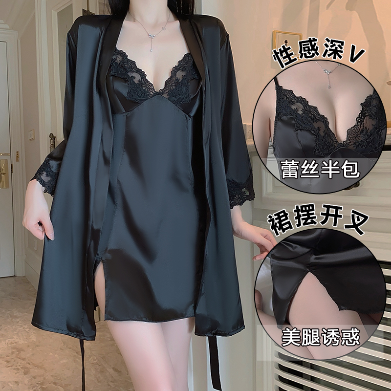 【糖衣社】休闲薄款开叉夏天睡裙睡袍性感镂空露背冰丝外袍家居套装