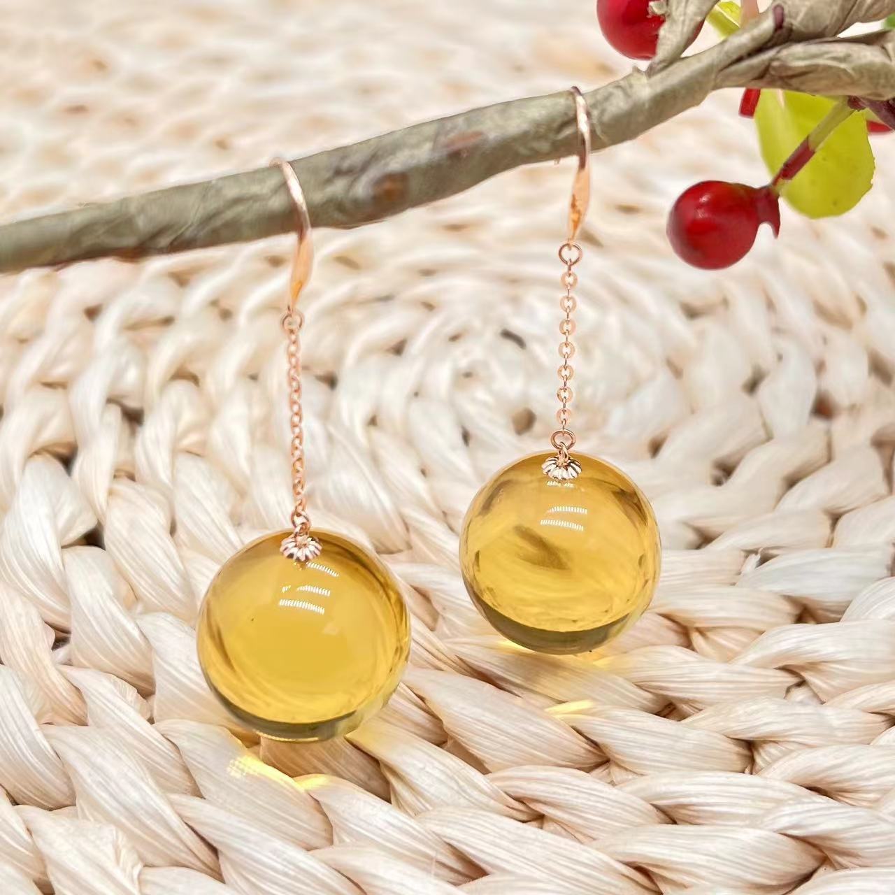 【藏真阁】H0848天然蓝珀18K金圆珠耳钩