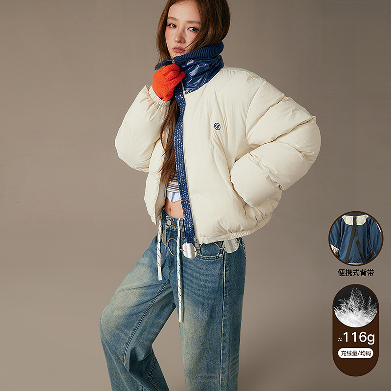 CHUU冬季女装螺纹拼接翻领韩系面包服加厚90鸭保暖羽绒服