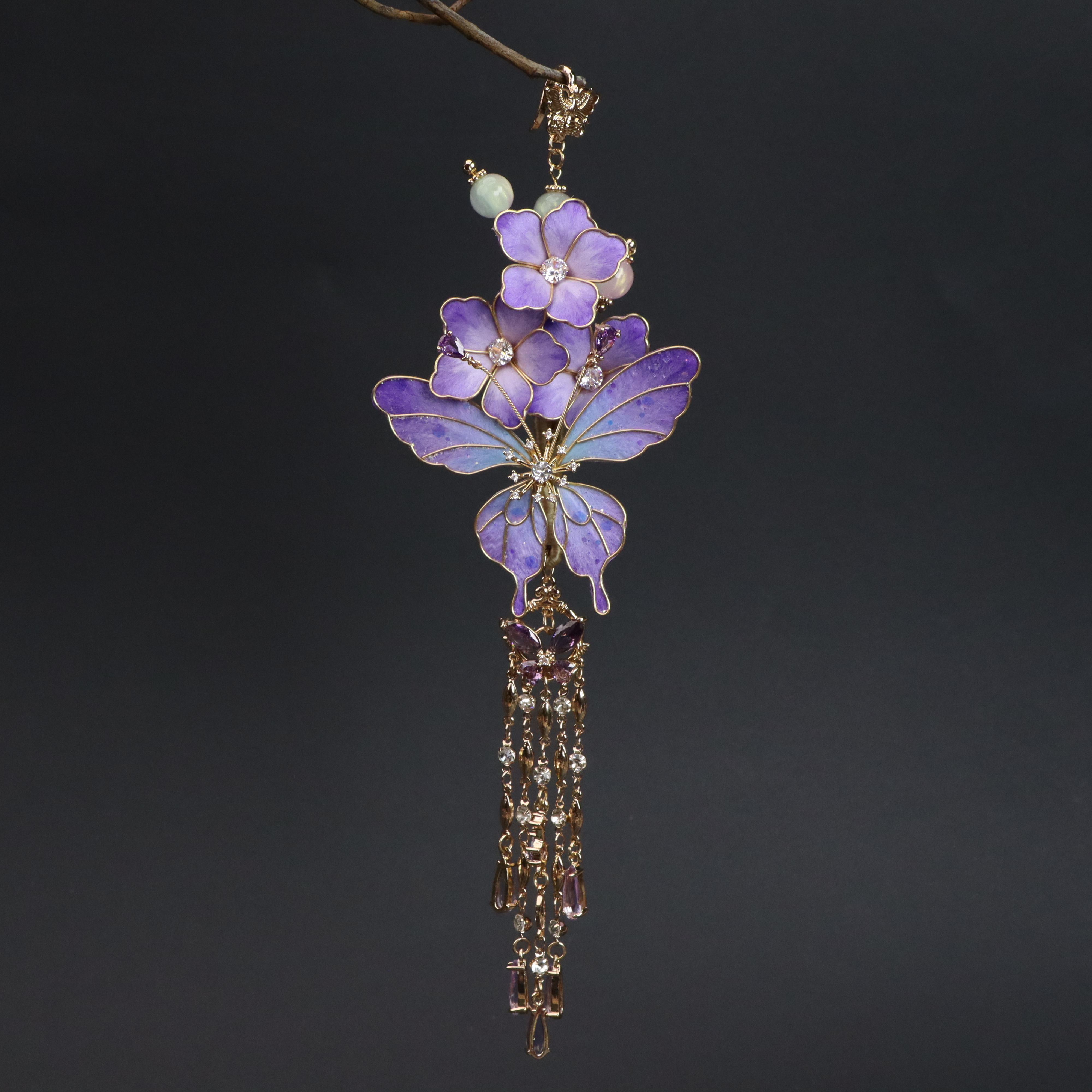 【星河入梦】非遗绒花纯手工桑蚕丝紫色蝴蝶压襟国风（使用后不可退）