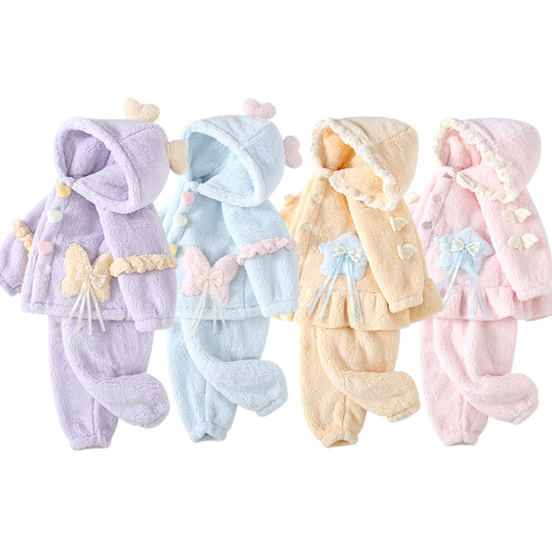 秋季儿童加绒睡衣女孩甜美花边睡衣女童马卡龙连帽外穿亲子家居服