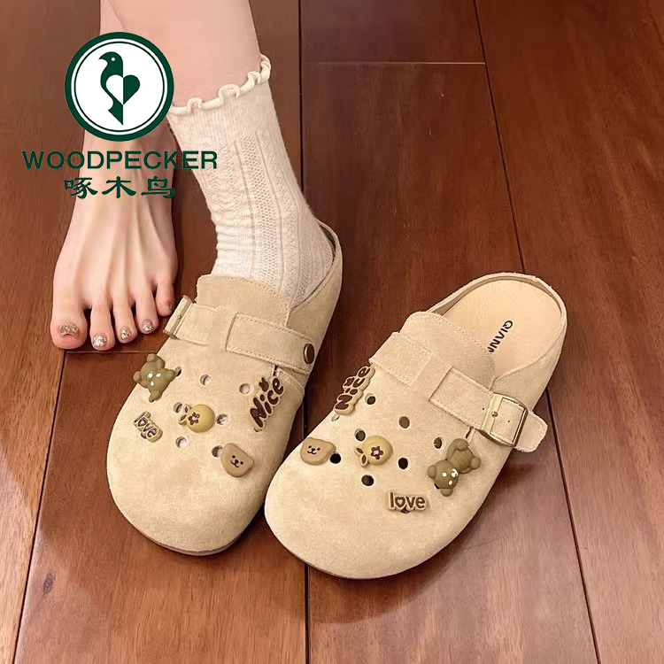 啄木鸟小众复古包头拖鞋女2025新款春季厚底勃肯鞋外穿半拖洞洞鞋