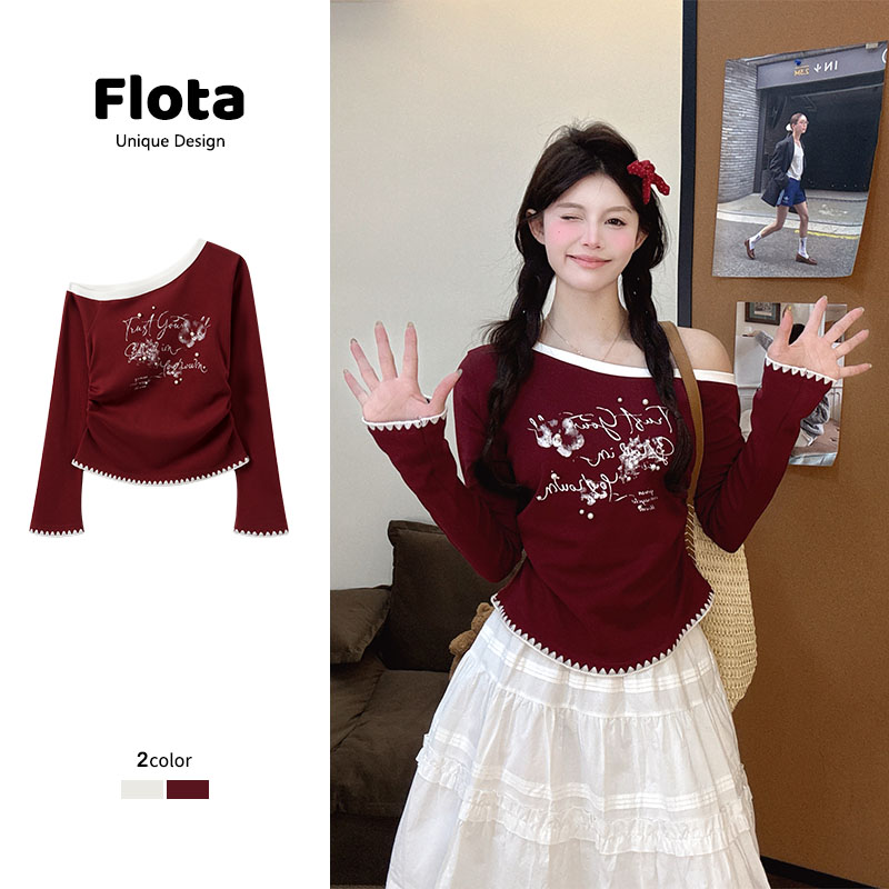 【flota】字母印花长袖斜肩T恤女2025秋冬新款显瘦打底衫短上衣3043