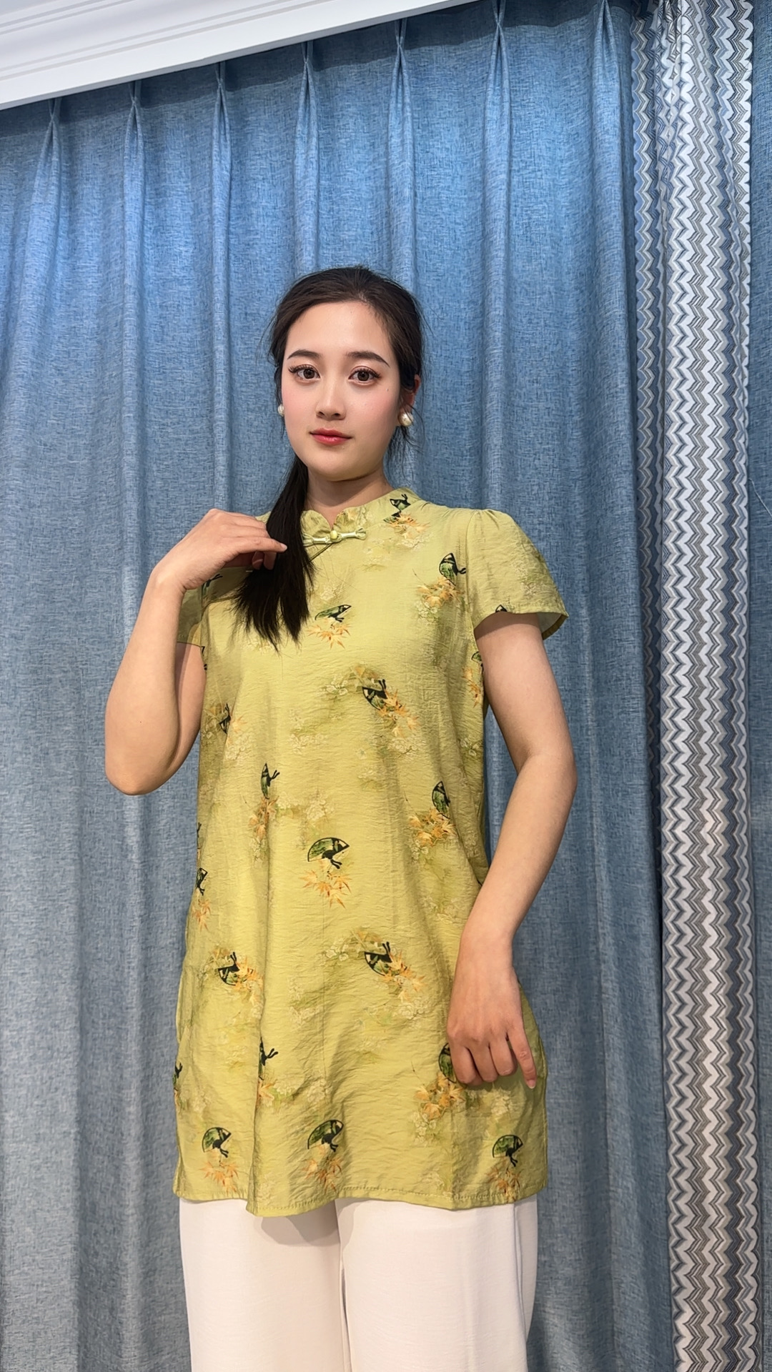 （梓煊家）新中式盘扣短袖衬衫女夏季中长款印花立领上衣国风