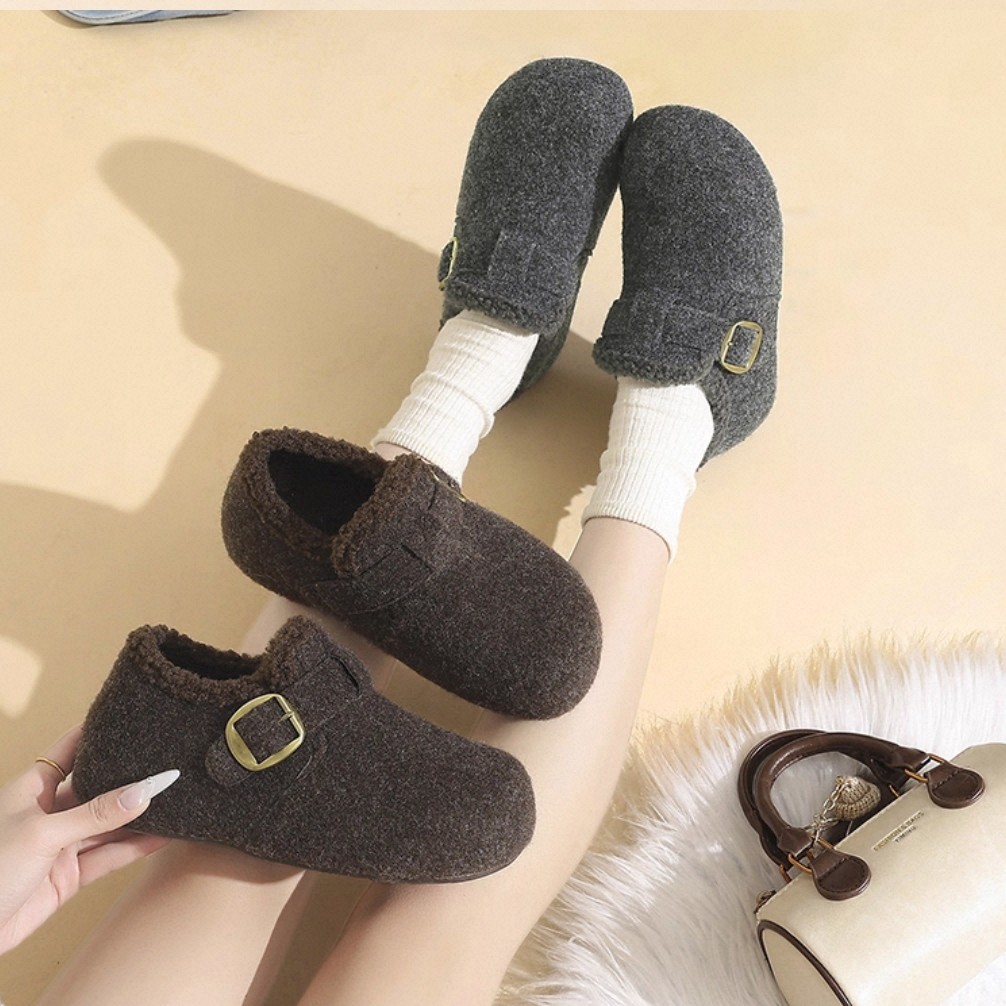 加绒女秋冬季保暖毛毛厚底扣带魔术贴勃肯豆豆鞋M839-8