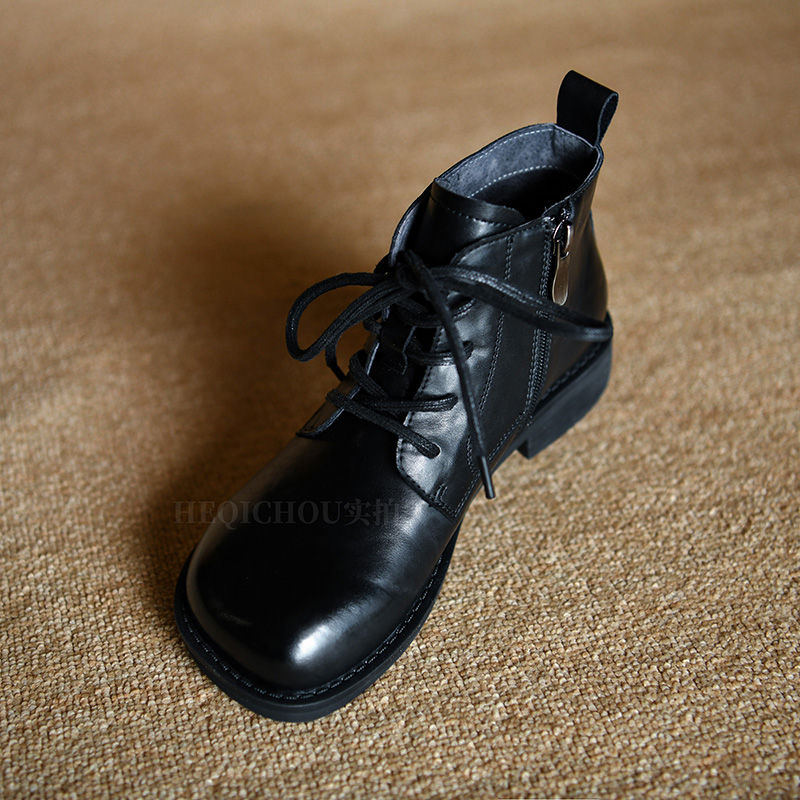 黑色真皮宽头马丁靴女方跟短靴 牛皮侧拉链中跟方头女靴子