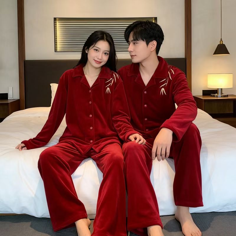 情侣冬季红色本命年新国风海岛绒加厚保暖可外穿情侣家居服睡衣
