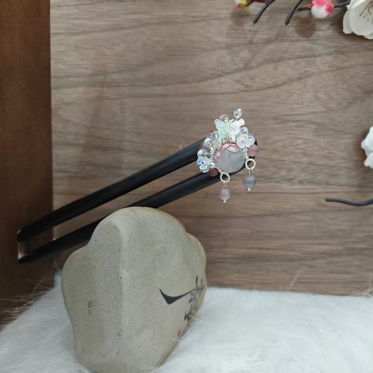 K84灰粉刀马旦15公分双钗发簪手工头饰发饰中式国风发簪