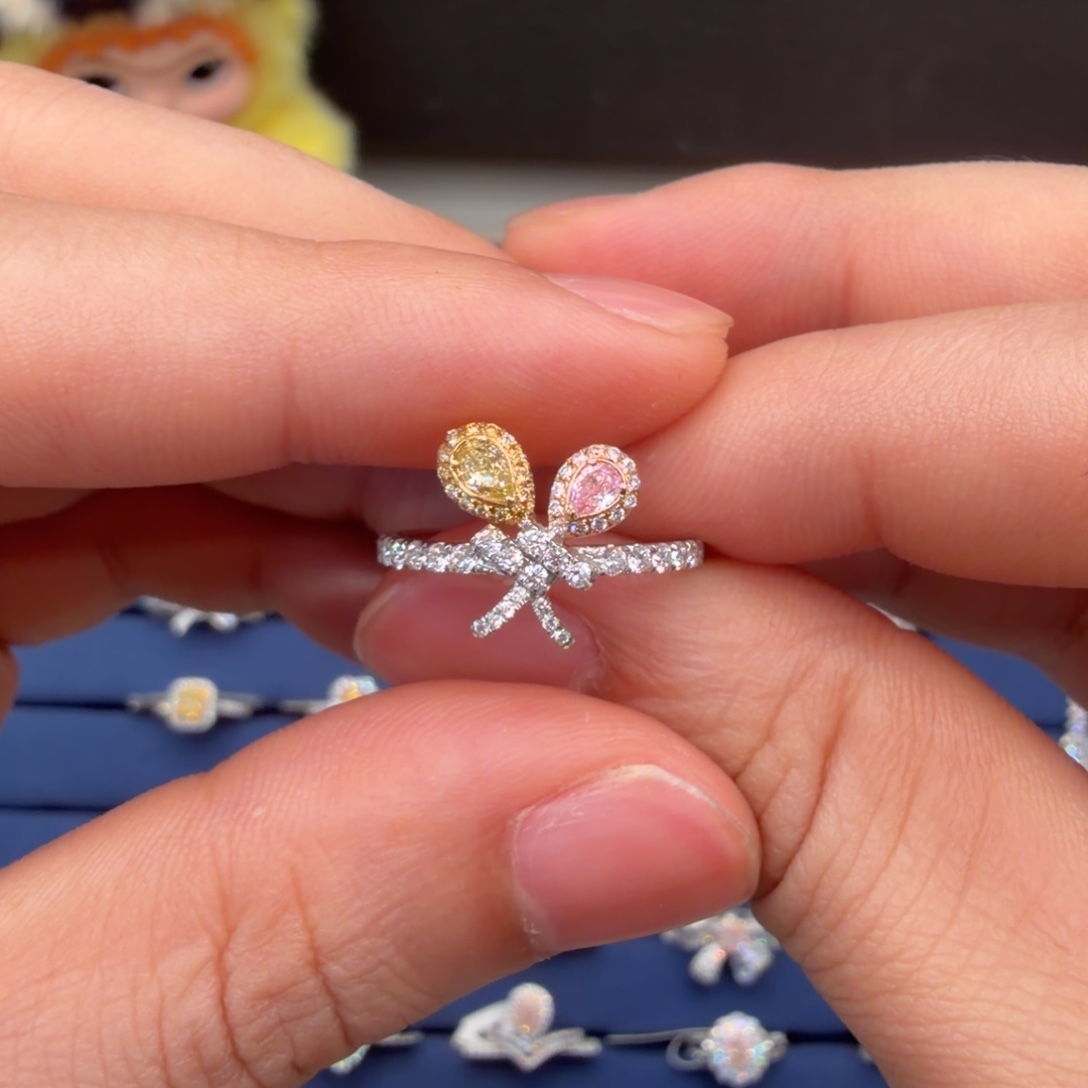 钻石18K金镶嵌戒指/指环黄粉戒指