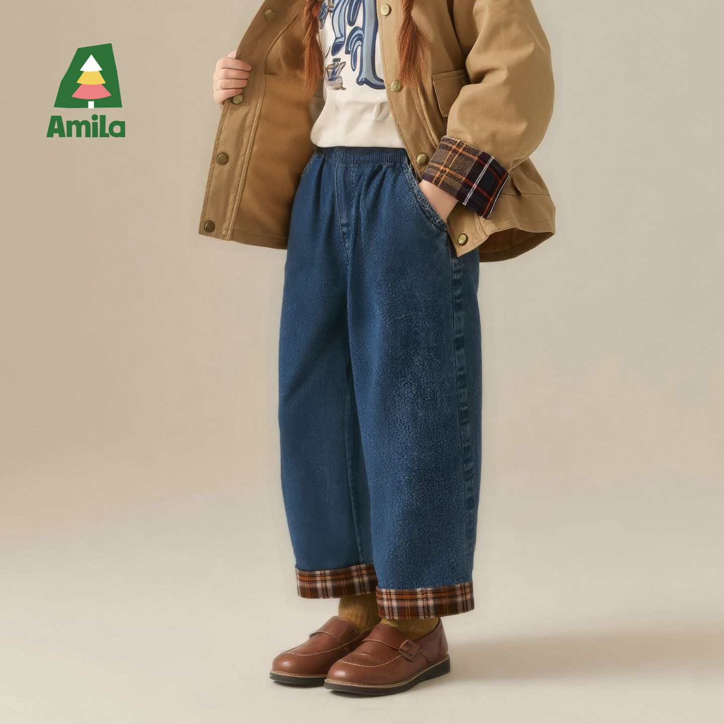 Amila2025新款复古时尚拼接纯棉牛仔裤秋款百搭长裤XQ5NZ327