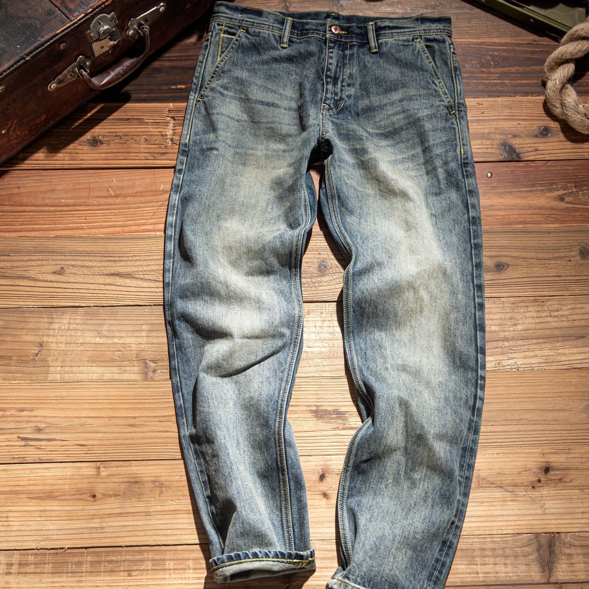 【牛仔】春夏水洗做旧牛仔裤 赤耳直筒休闲美式复古修身男士春秋