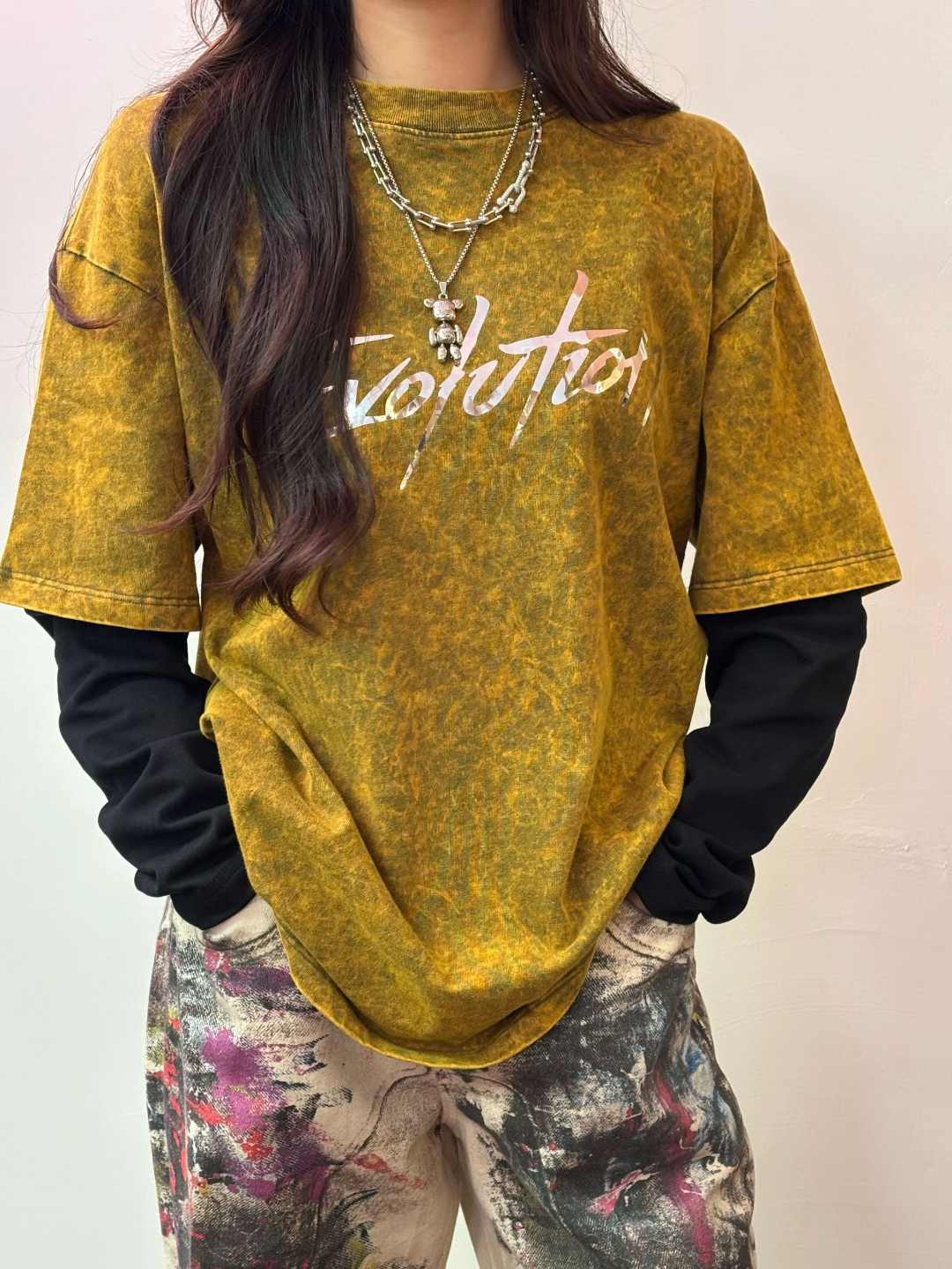 【广州款】2025新款水洗黄假两件水洗做旧镭射纯棉长袖复古高奢百搭