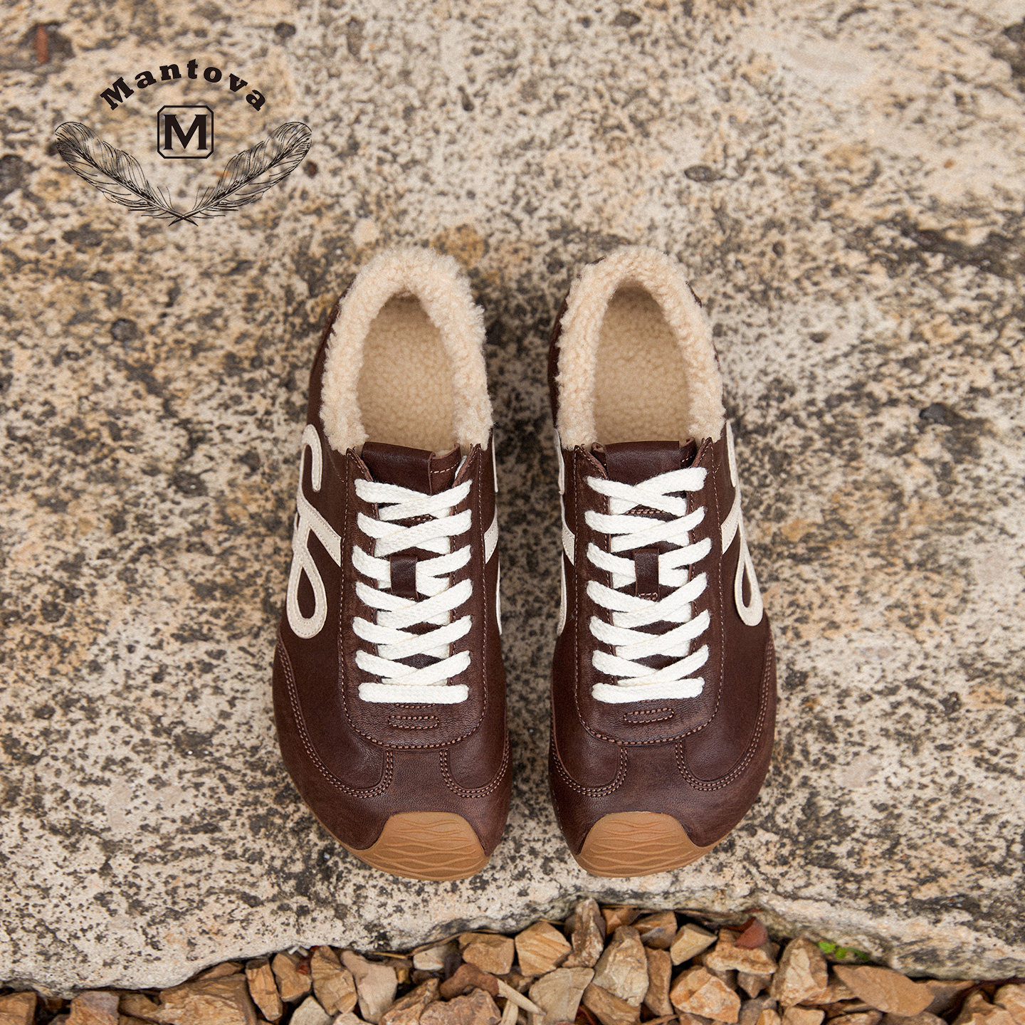 曼托瓦2025秋冬新马皮加绒德训鞋女休闲百搭系带圆头复古羊毛鞋