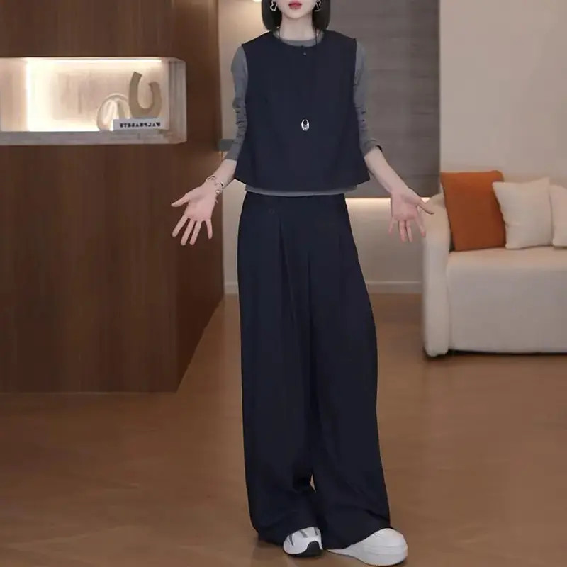 撞色新款无袖马甲打底衫阔腿裤三件套女士洋气高级感时尚套装