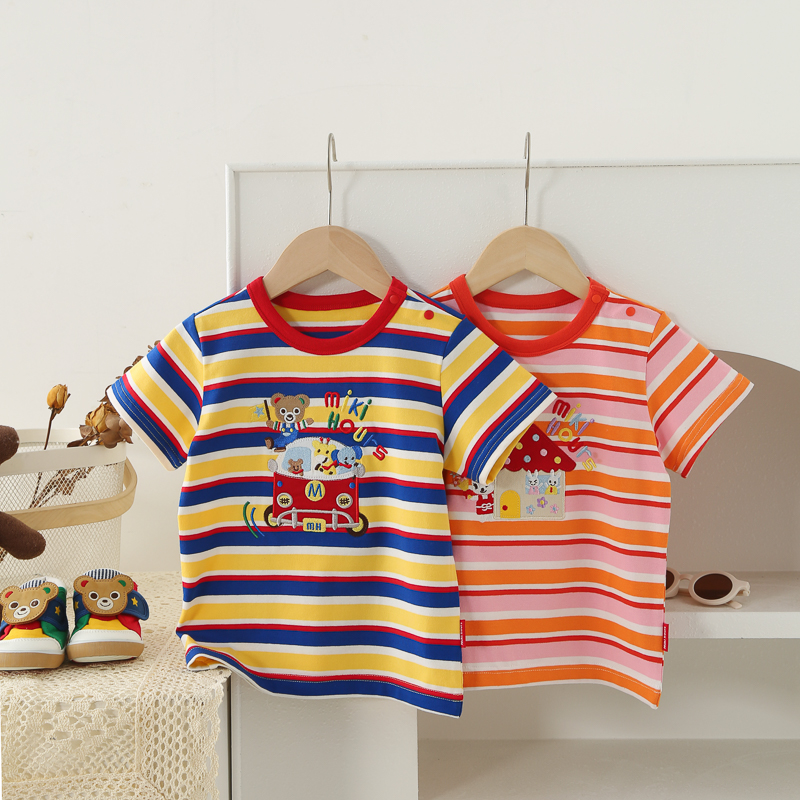 夏季条纹小熊汽车小兔烟囱房子短袖2色