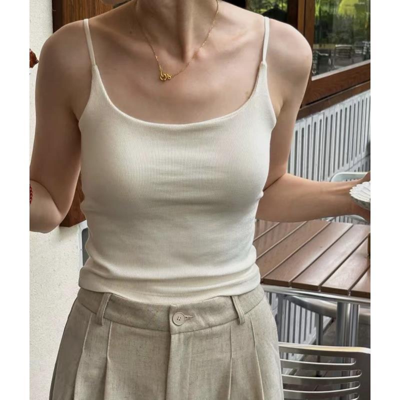 【文艺推荐】052修身INS风夏季螺纹纽扣吊带背心美背女士白色赫本风