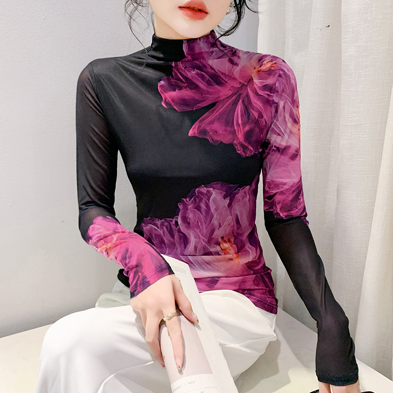 高领定位印花网纱上衣2025年春季新款简约休闲百搭修身黑色长袖女