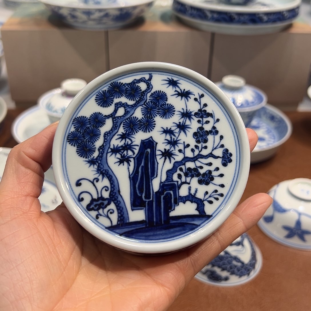 盖置青花松竹梅盖置纯手工