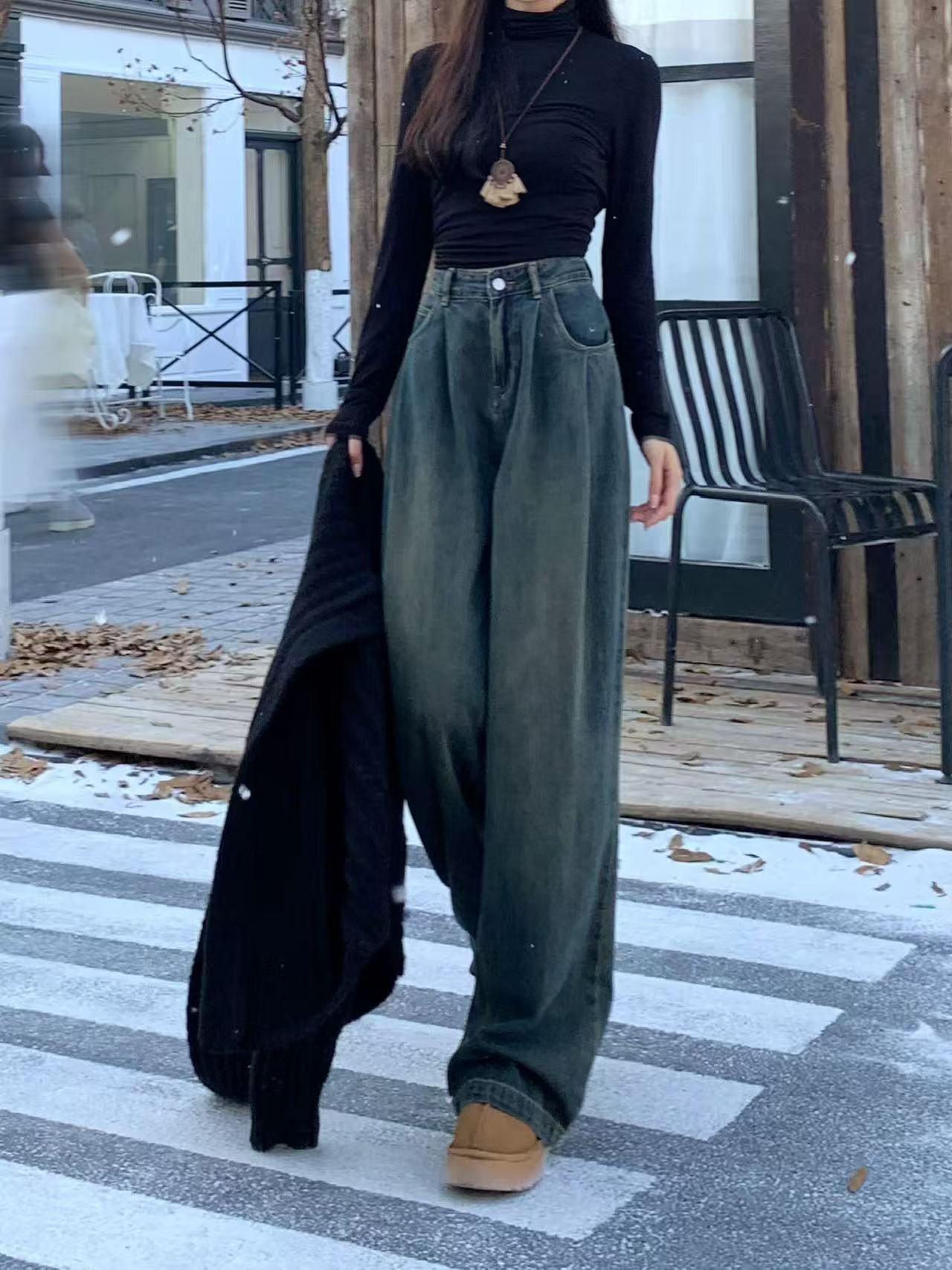 复古美式高腰显瘦阔腿牛仔裤女2025新款秋冬季宽松直筒加绒裤子