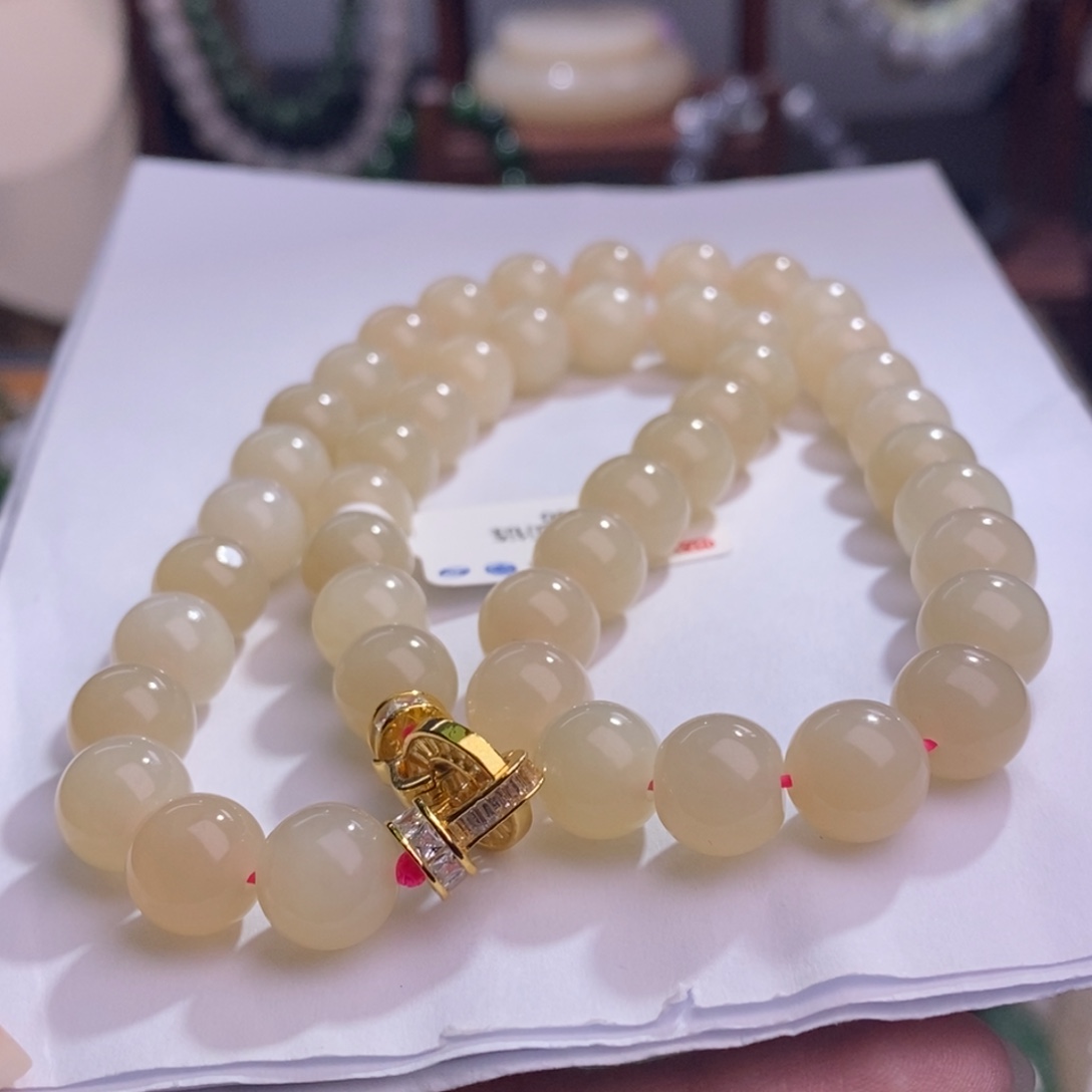 和田玉熟藕粉银镶妈妈链10MM未镶嵌