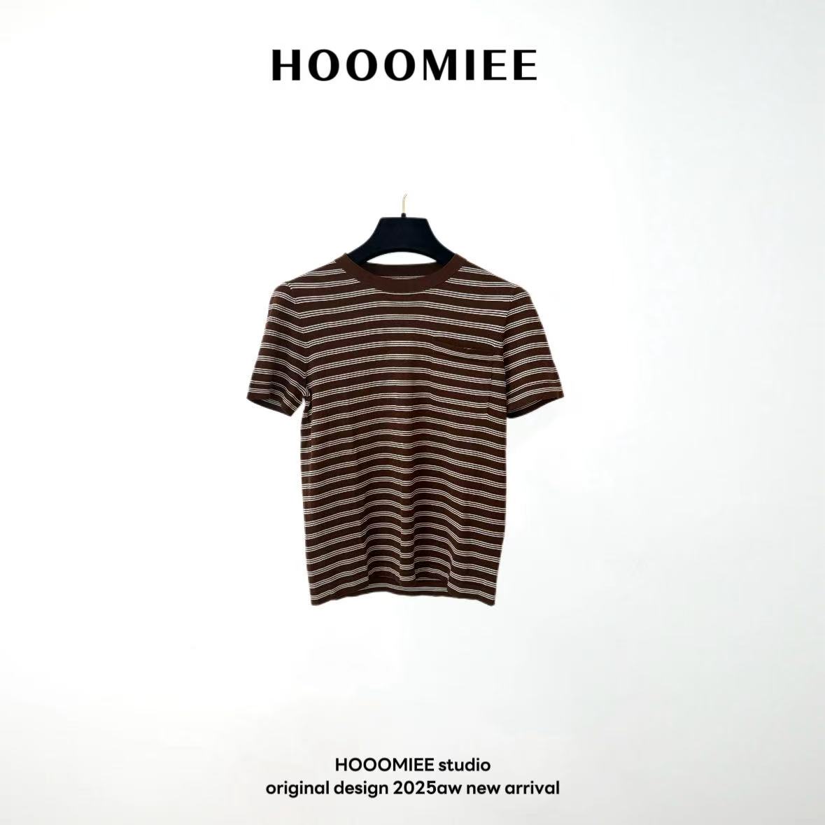 Hooomiee千金风夏季女士圆领T恤休闲咖条纹宽松短袖250059