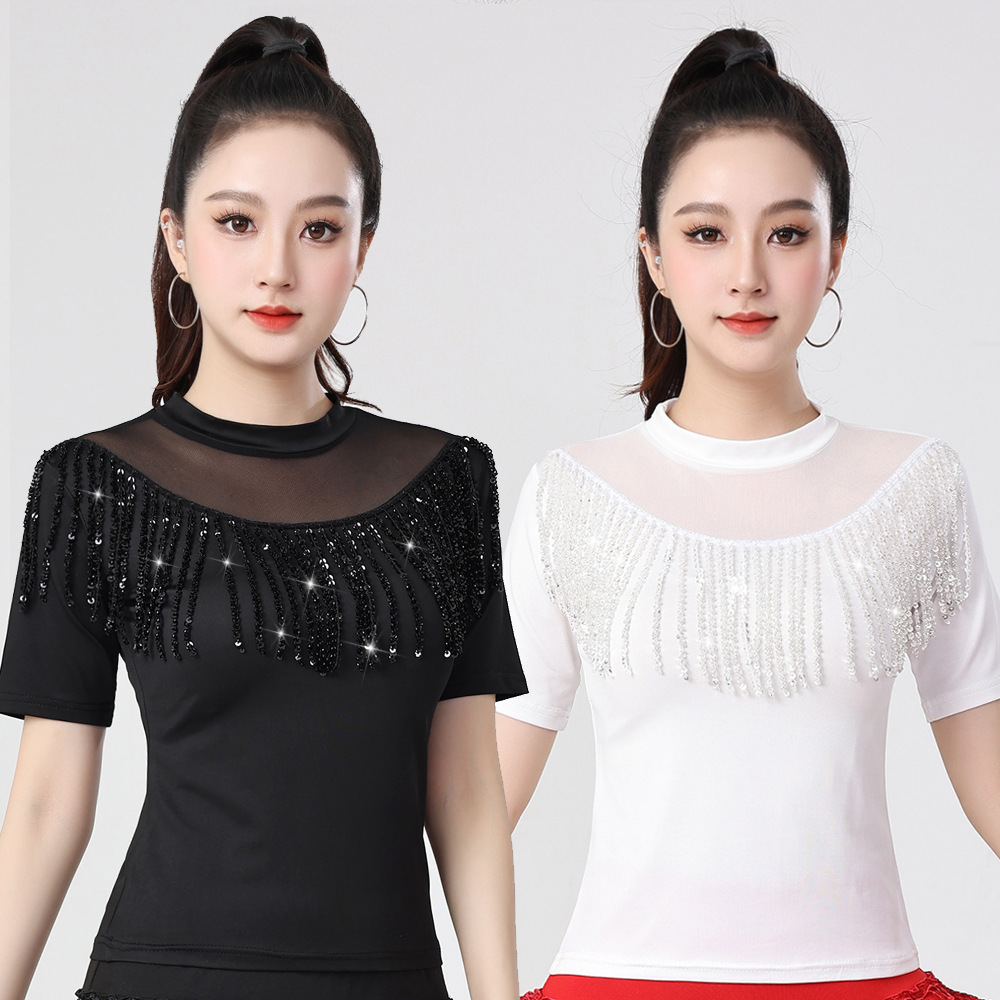 拉丁舞服装新款成人女三步踩跳舞上衣练功服形体服摩登舞国标舞衣