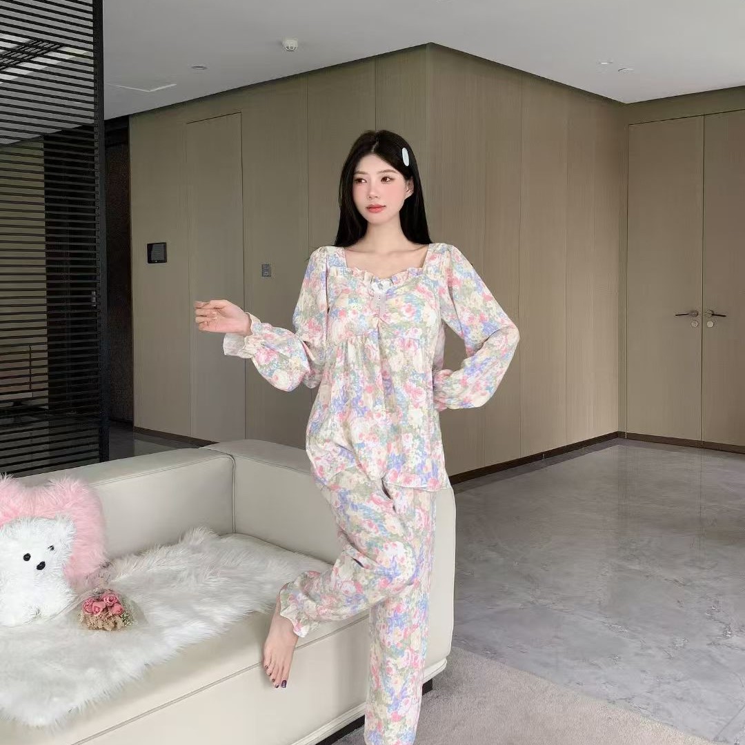 秋季带胸垫可外穿套头V领云朵棉简约风女士睡衣套装