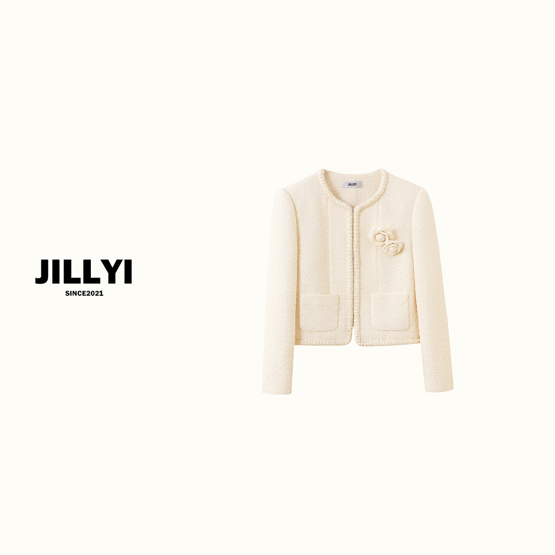 jillyi【白茶日光】米白色V领胸口山茶花装饰少女风时尚外套气质