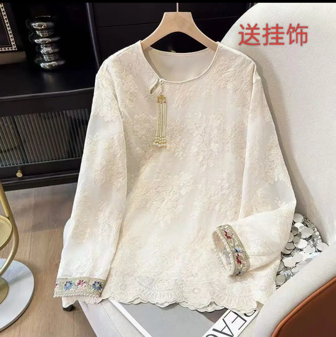 (有内衬送挂饰)国风新中式蕾丝长袖圆领提花刺绣透气宽松上衣女装