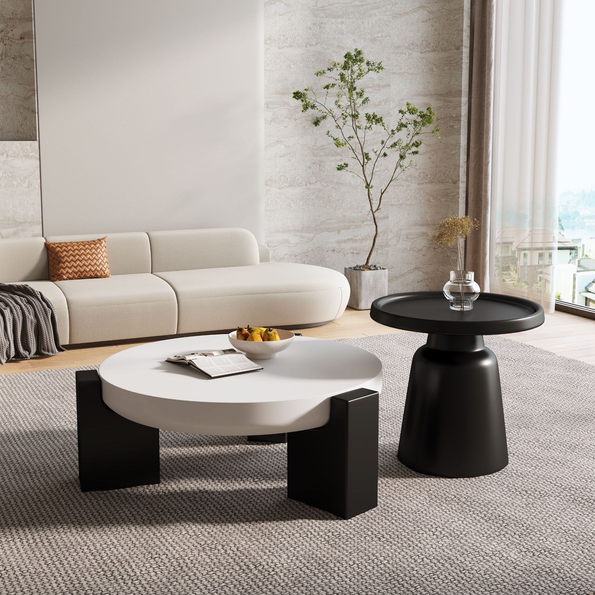 SN05#法式茶几2025新款奶油风复古风客厅家用现代简约黑白圆形