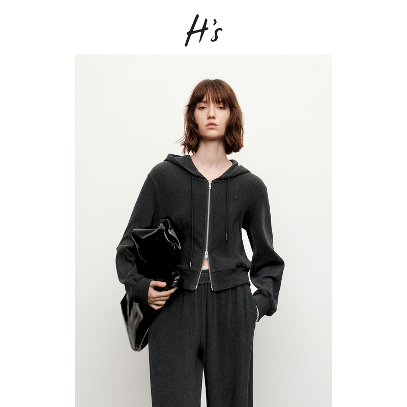【秋上新】H'S灰色卫衣套装女25秋新款连帽抽绳百搭显瘦长袖外套