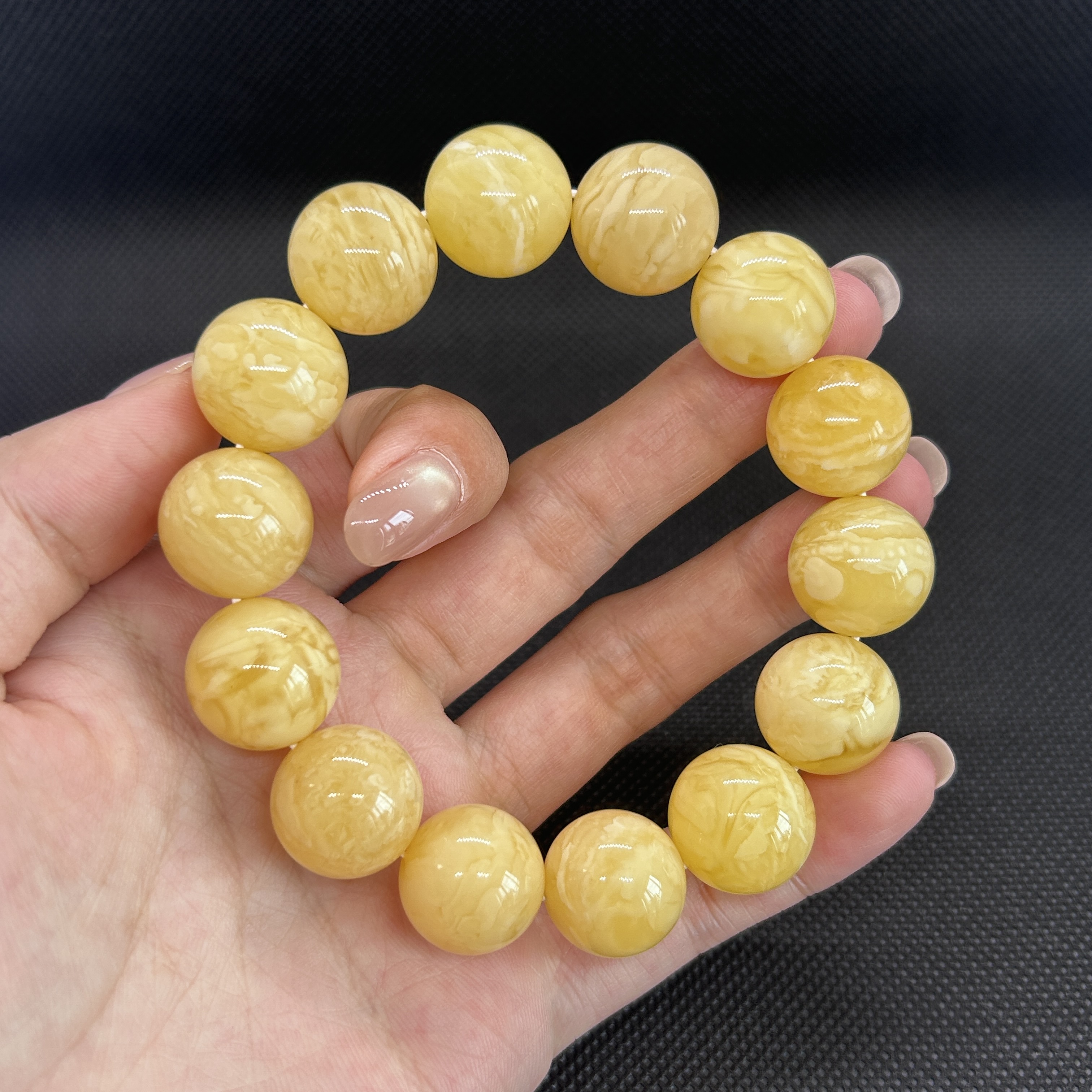 16+圆珠大虎皮妖花蜜蜡手串 天然纹路包地大质检证书