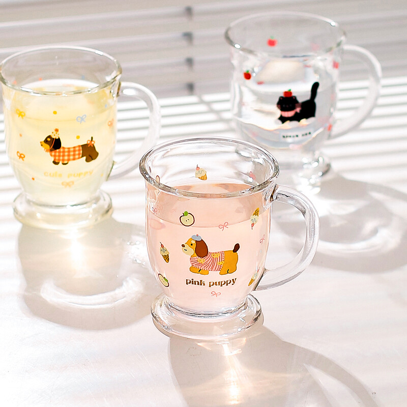 川岛屋原创高脚玻璃杯女高颜值家用喝水杯带把手可爱牛奶杯果汁杯