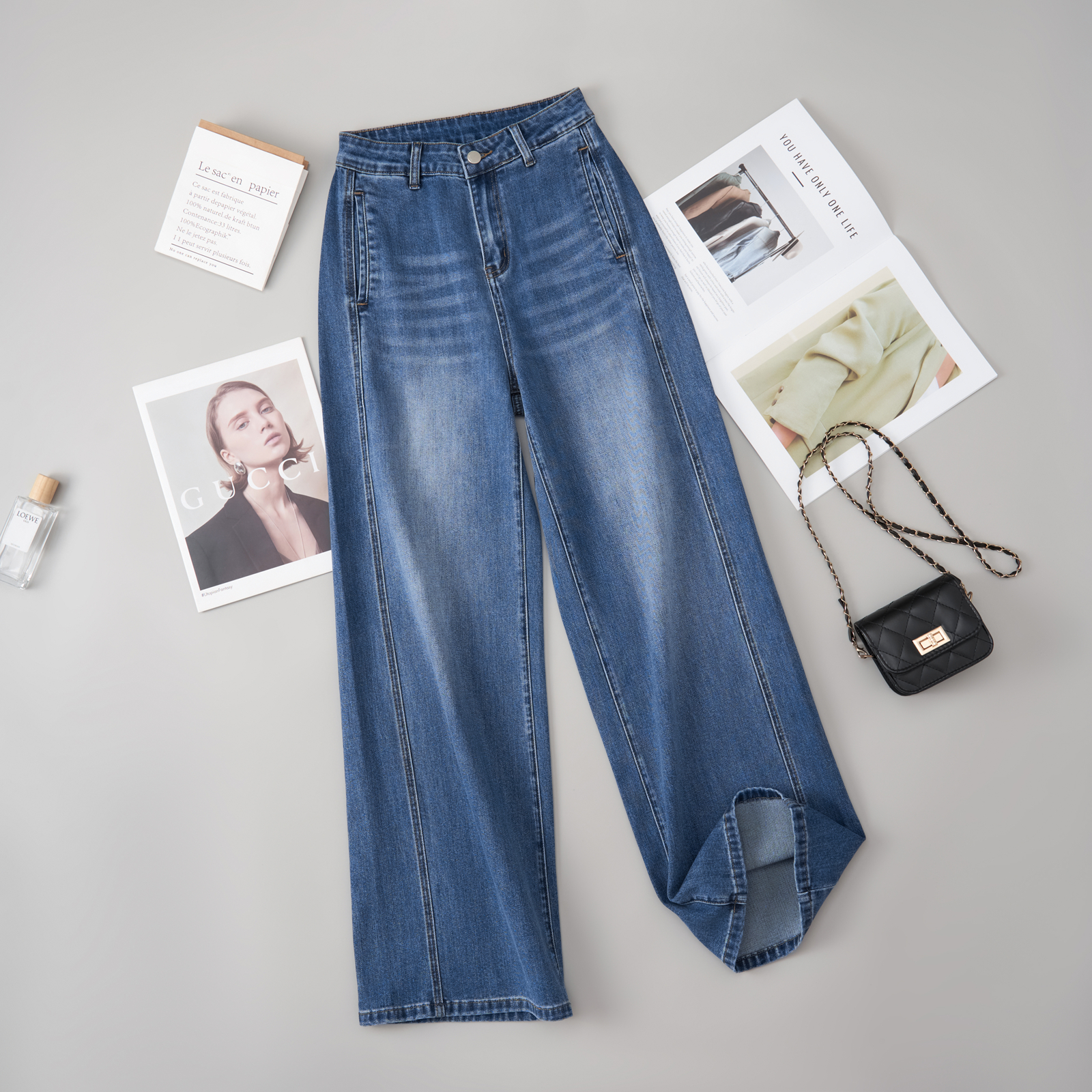 【布鲁斯蓝】2025早秋时尚大牌设计感宽松遮肉垂顺牛仔裤女1082-蕾4